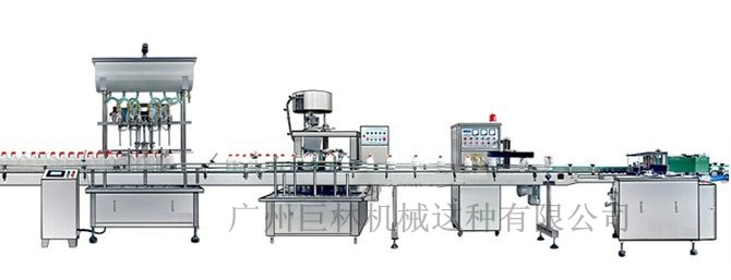 直列式裝機、自動鎖蓋機、鋁箔封口、糨糊貼標灌裝線 